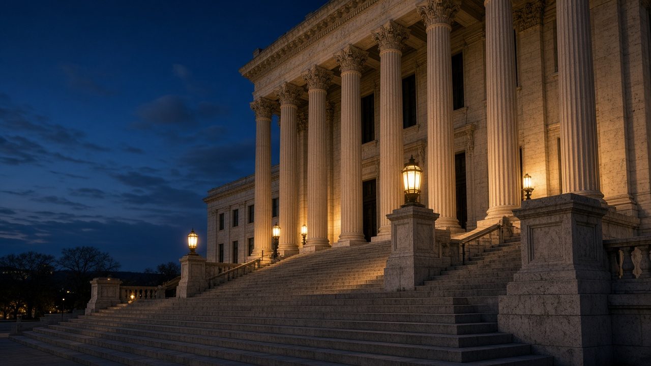 AI-generated image: courthouse steps and columns at dusk
